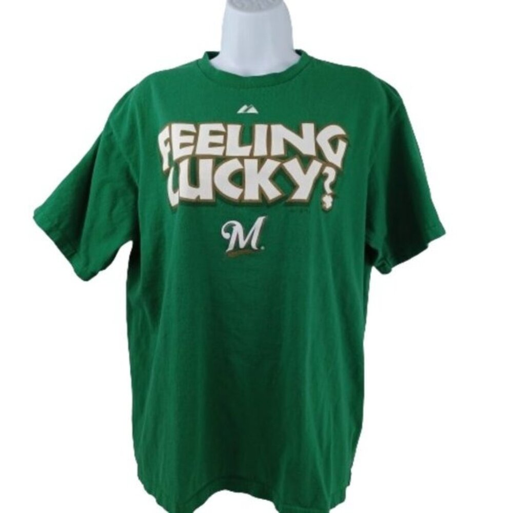 Majestic Milwaukee Brewers St. Patrick's Day Feeling Lucky Green T-Shirt Mens L